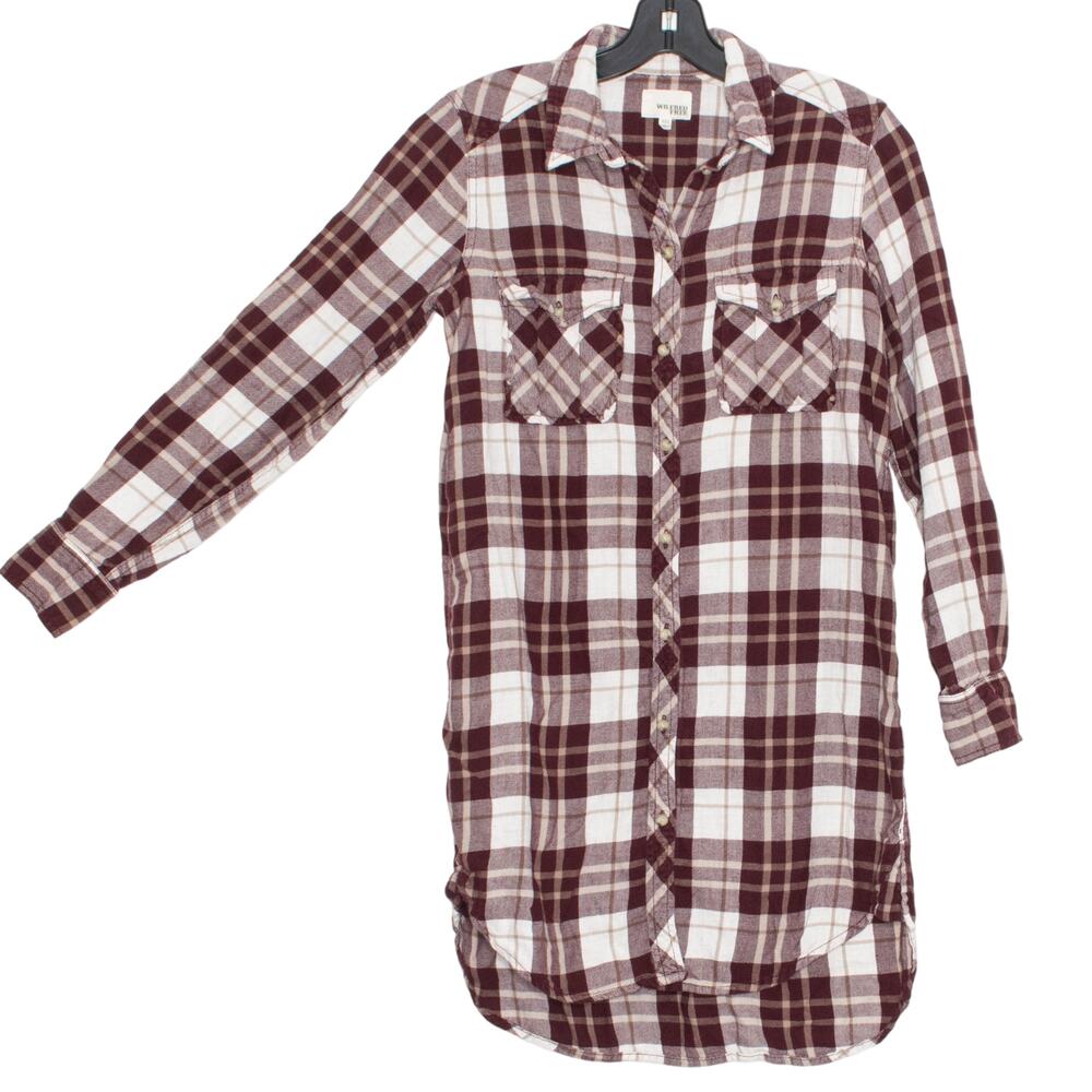 Wilfred Free Womens Dress Shirtdress Button Up Plaid High Low Red White XXS FG
